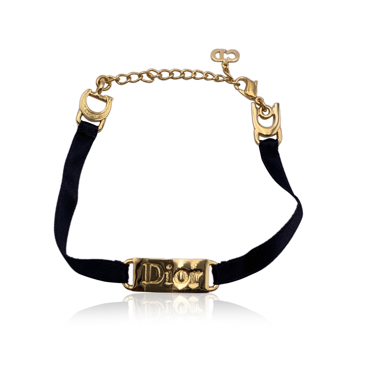 CHRISTIAN DIOR Vintage Gold Metal Black Ribbon Logo Plate Bracelet