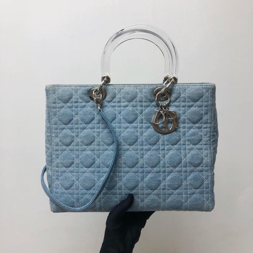 Lady Dior Large Vintage Denim Quilted Cannage tote with strap and acrylic handle GHW