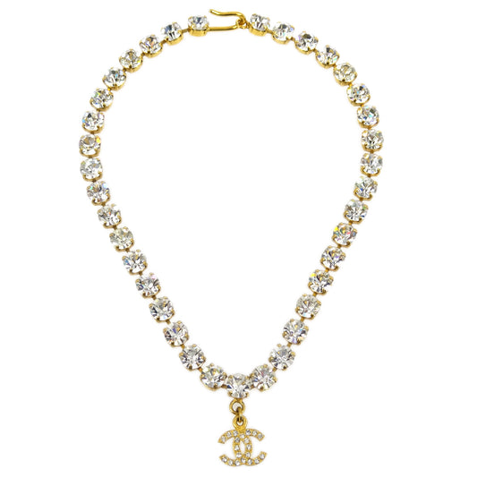 Chanel CC Chain Pendant Necklace Rhinestone Gold 96A