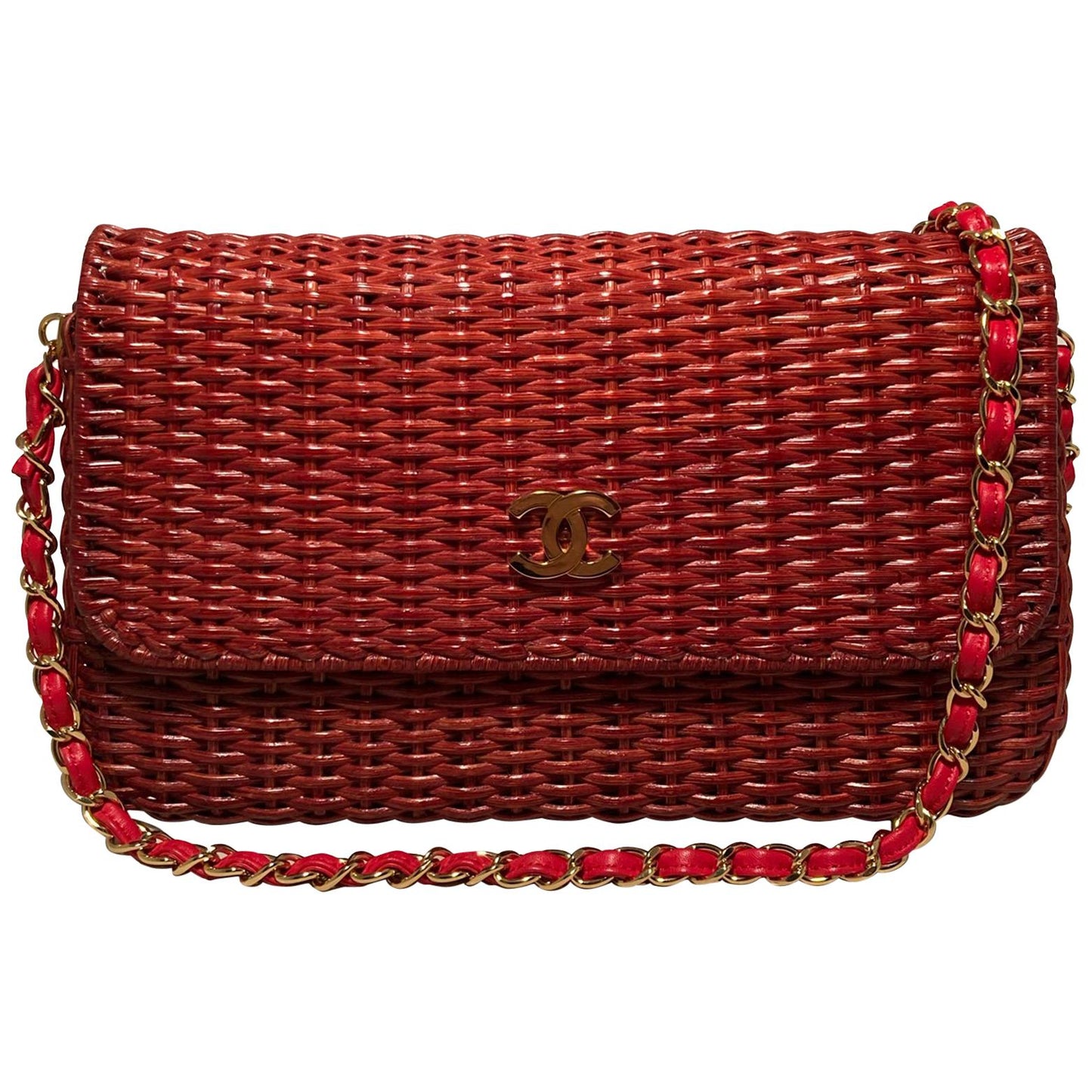 CHANEL Red Wicker Classic Flap Shoulder Bag
