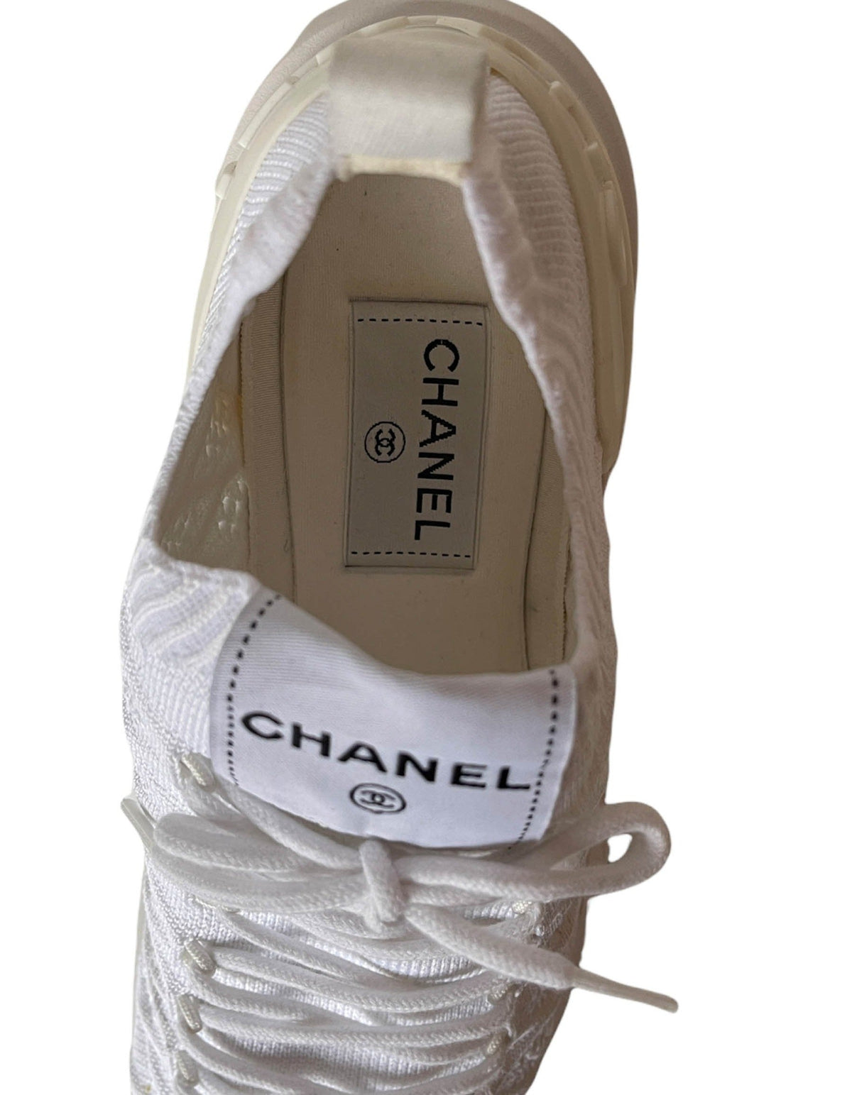 Chanel White Quilted Knit Sock Low Top Athletic Sneakers sz 38.5