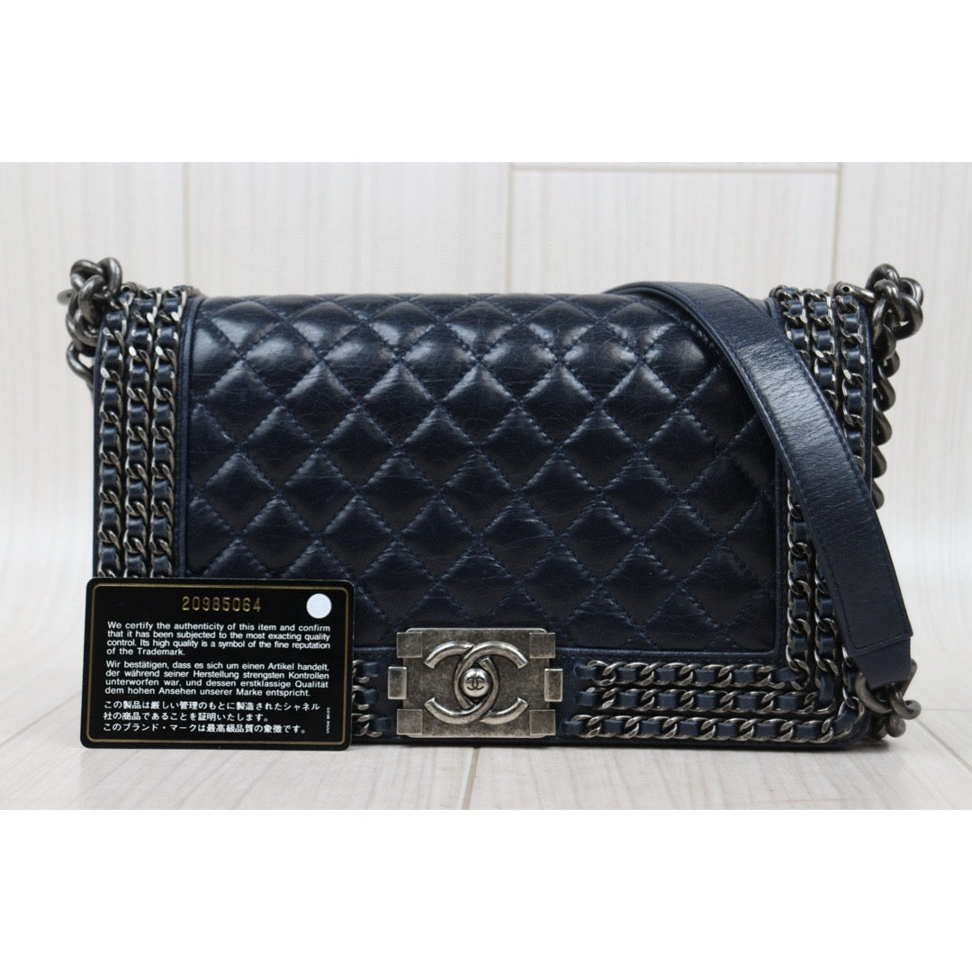 Good ( Rank AB)｜CHANEL Caviar Skin  LeBoy Chain Shoulder Bag Medium Blue  Made In 2014-2015 Year｜P25031404