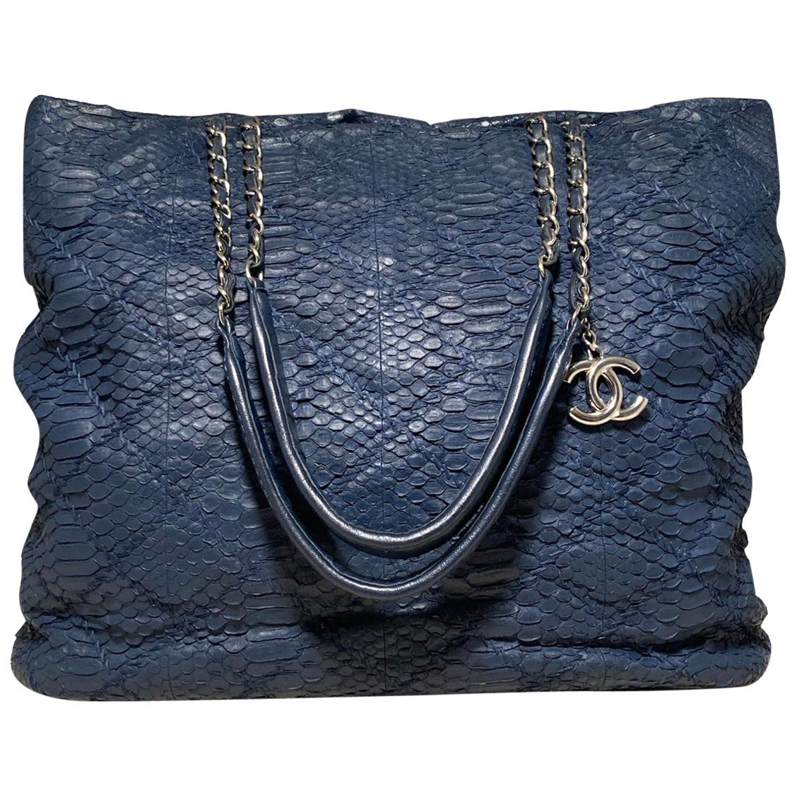 CHANEL Navy Blue Quilted Matte Snakeskin Tote