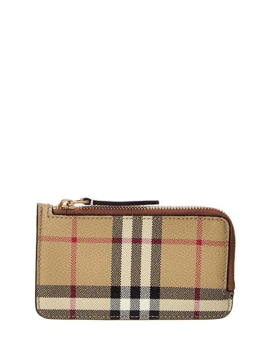 Burberry Check E-Canvas & Leather Zip Card Case ONE SIZE Beige