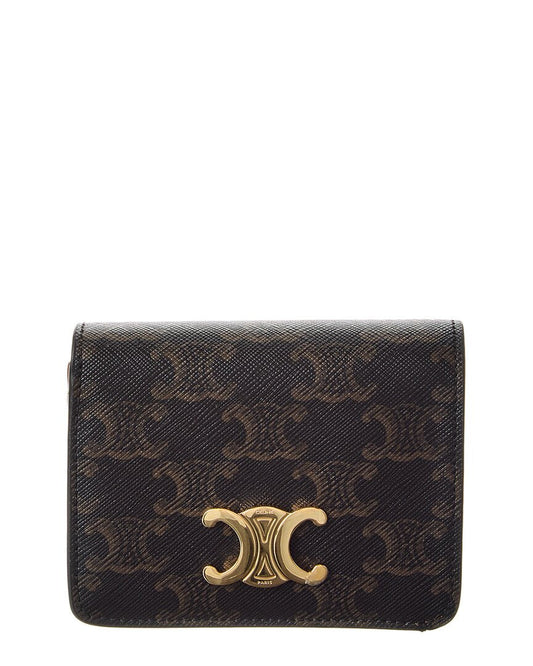 Celine Triomphe Canvas & Leather Compact Wallet, Brown