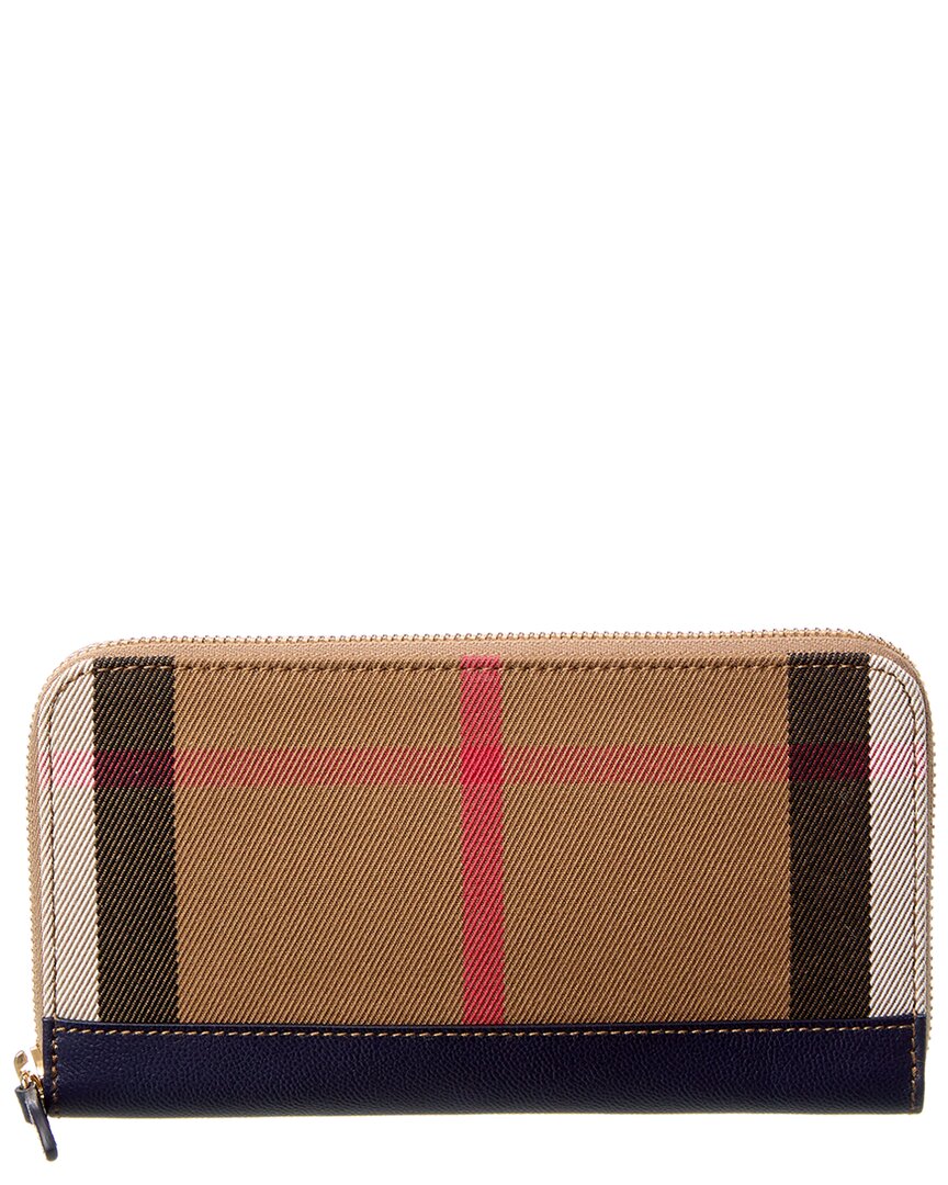 Burberry Check Canvas & Leather Zip Around Wallet ONE SIZE Blue