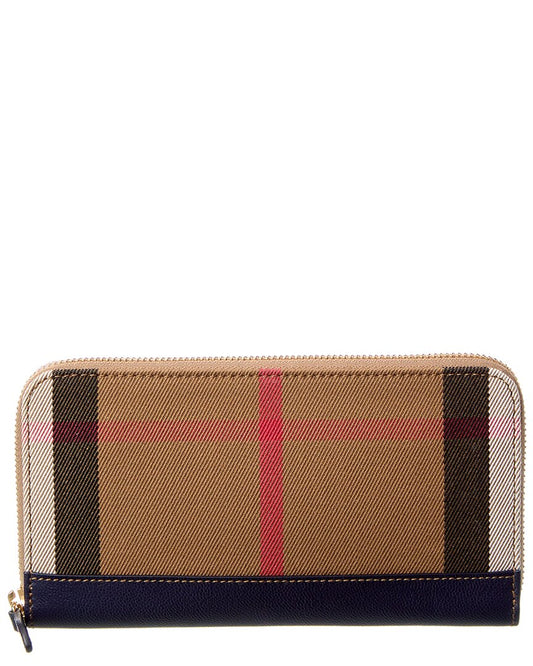 Burberry Check Canvas & Leather Zip Around Wallet ONE SIZE Blue