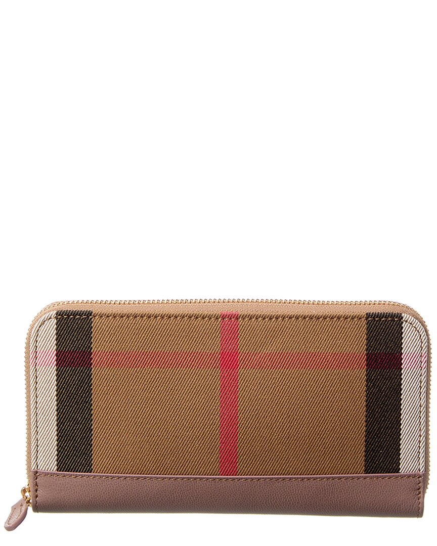 Burberry Check Canvas & Leather Zip Around Wallet ONE SIZE Grey Multi