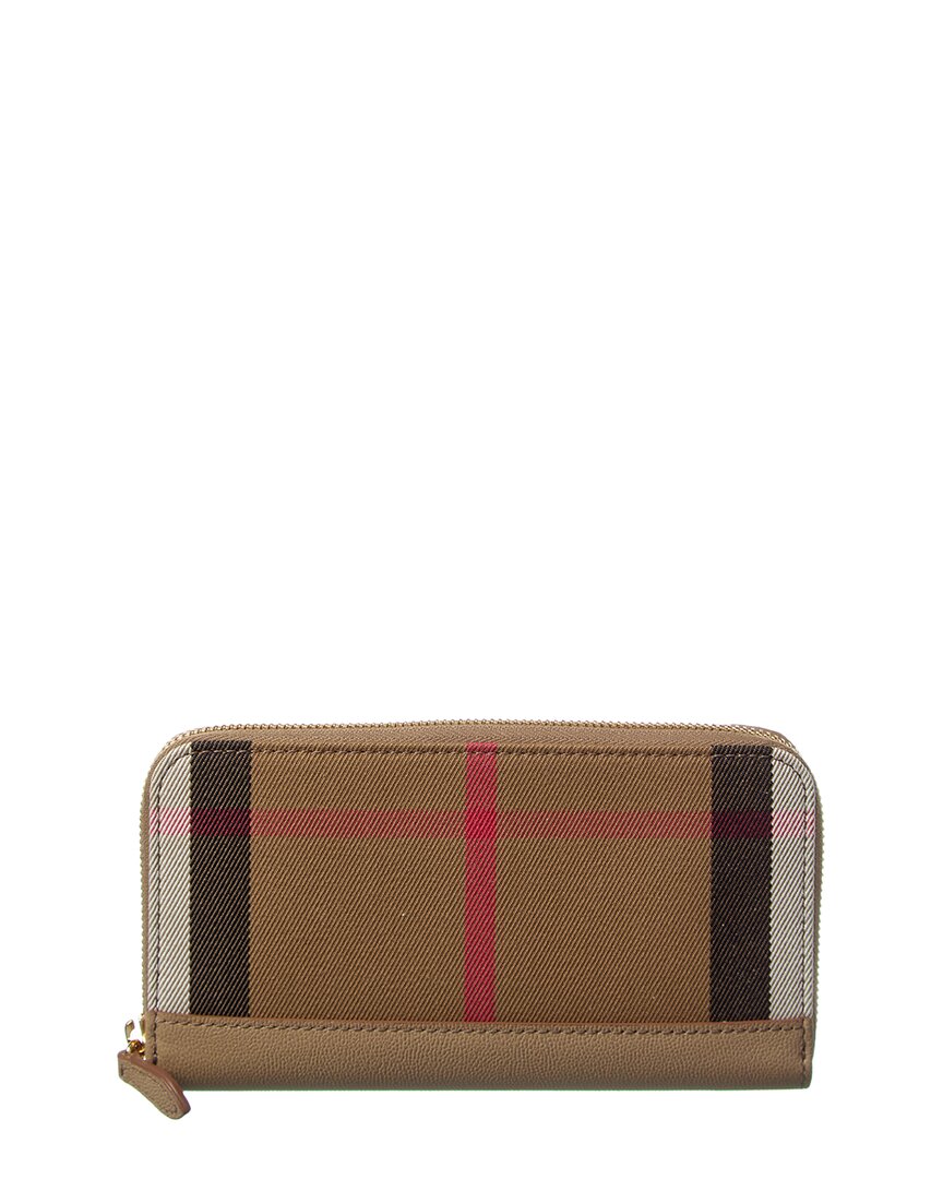 Burberry Check Canvas & Leather Zip Around Wallet ONE SIZE Beige