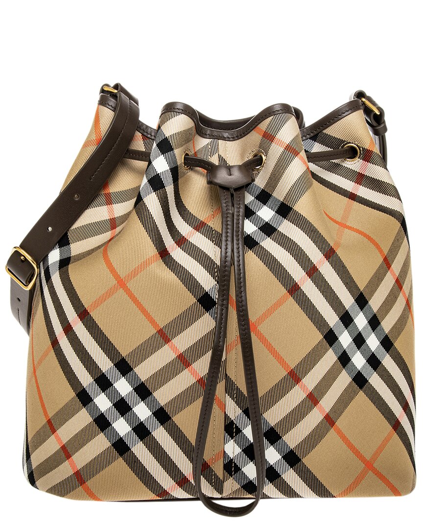 Burberry Check Medium Leather-Trim Bucket Bag ONE SIZE Beige