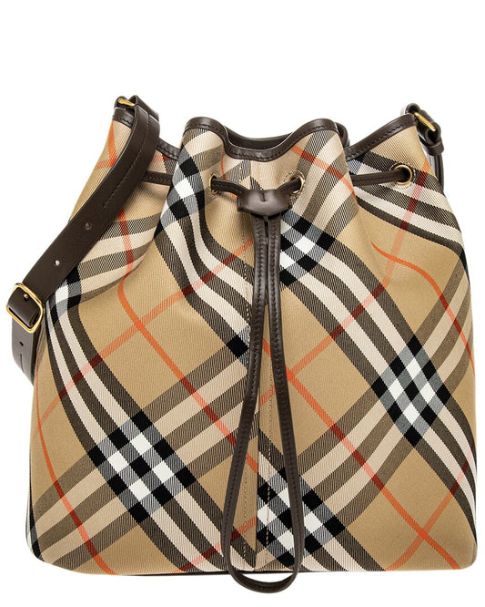 Burberry Check Medium Leather-Trim Bucket Bag ONE SIZE Beige