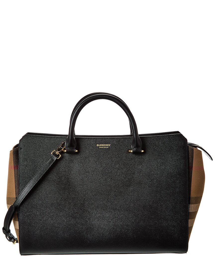 Burberry Banwell Medium Leather & Check Canvas Satchel ONE SIZE Black