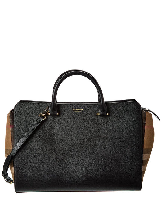 Burberry Banwell Medium Leather & Check Canvas Satchel ONE SIZE Black