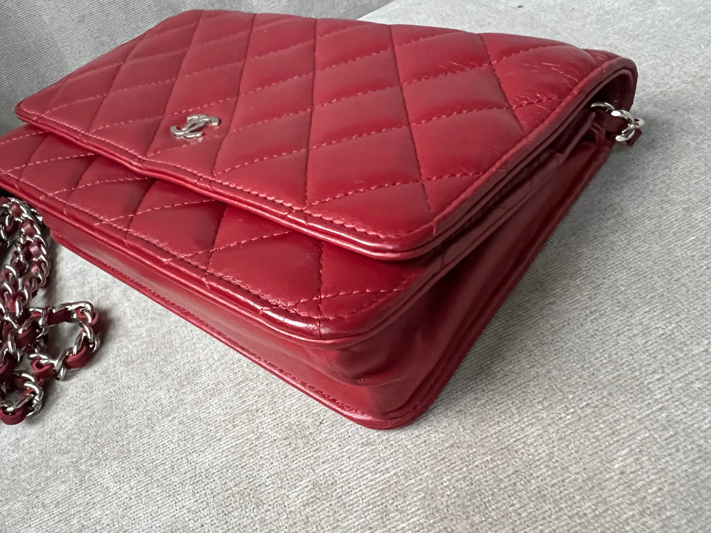 Chanel Red Lambskin Wallet on Chain