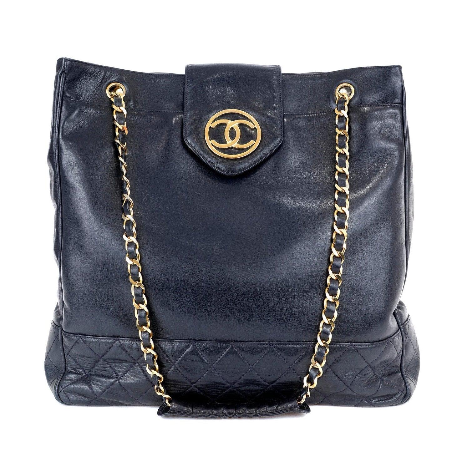 Chanel Vintage Navy Blue Lambskin Tote with Gold Hardware