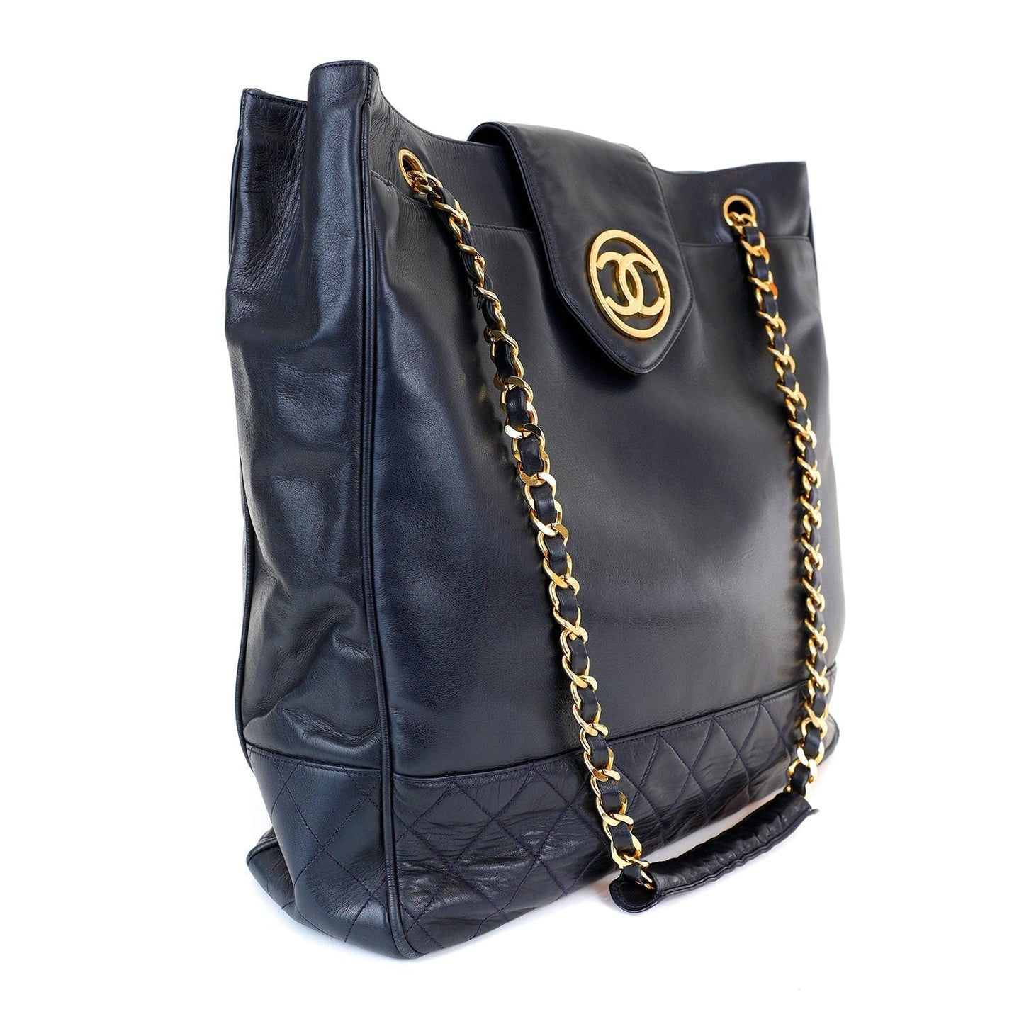 Chanel Vintage Navy Blue Lambskin Tote with Gold Hardware