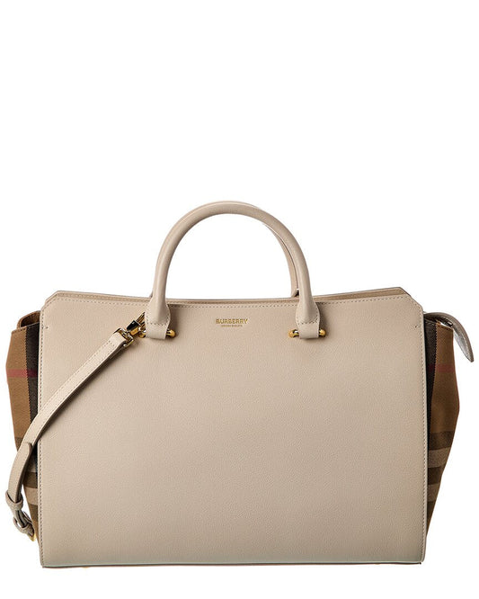 Burberry Banwell Medium Leather & Check Canvas Satchel ONE SIZE Grey Multi