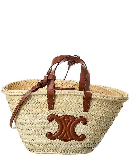 Celine Triomphe Classic Panier Straw & Leather Tote, Brown