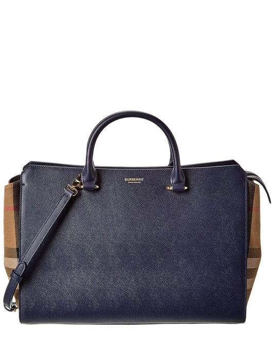 Burberry Banwell Medium Leather & Check Canvas Satchel ONE SIZE Blue