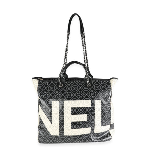 CHANEL Black and Beige Coated Canvas and Leather Camellia & CC Print Shopper Tot