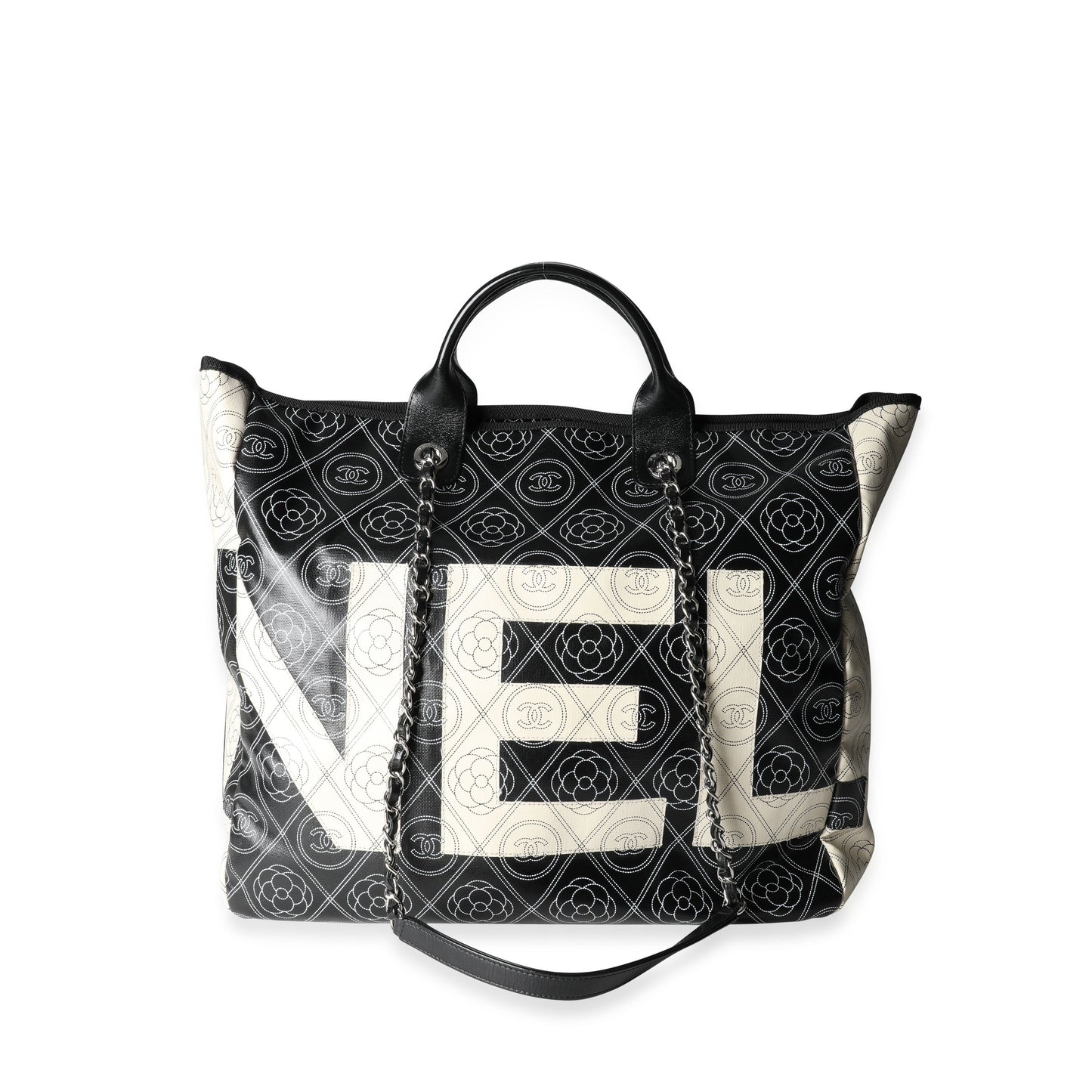 CHANEL Black and Beige Coated Canvas and Leather Camellia & CC Print Shopper Tot