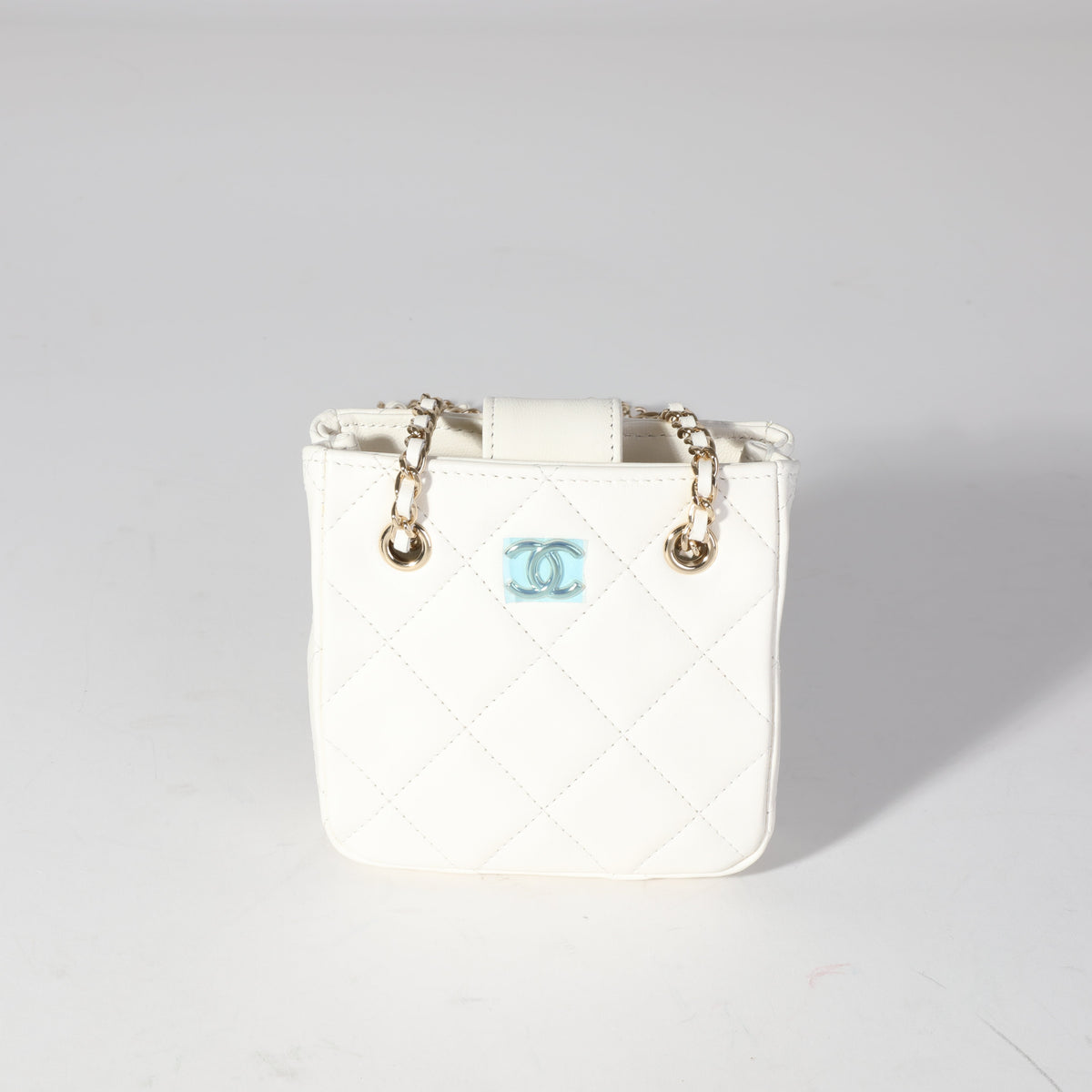 CHANEL White Quilted Lambskin Tiny Shopping Bag