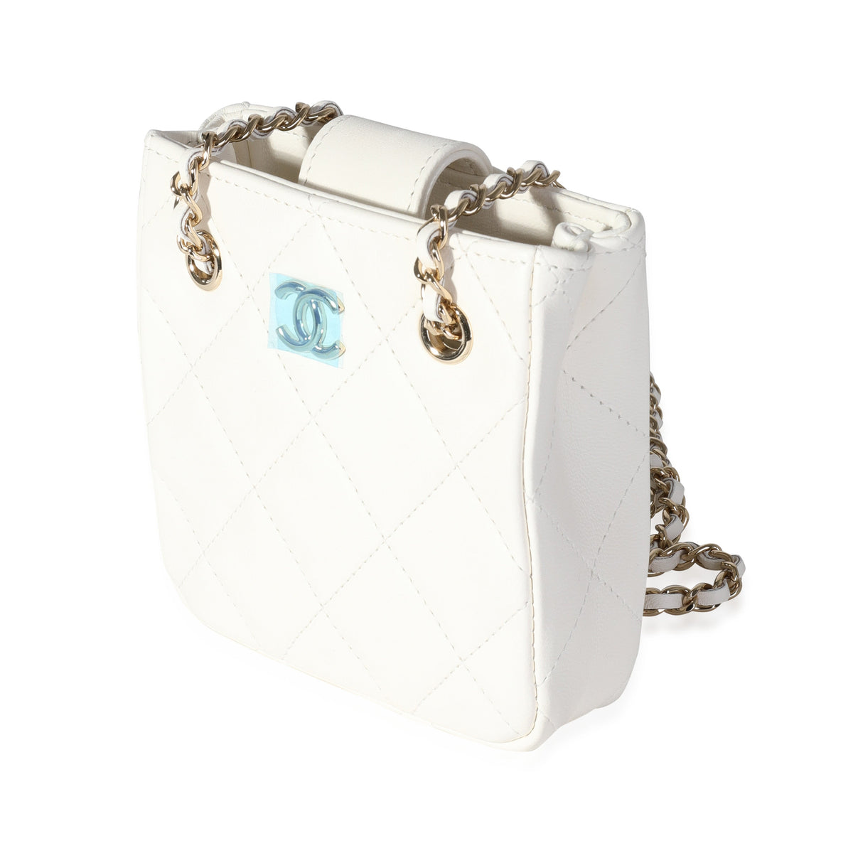 CHANEL White Quilted Lambskin Tiny Shopping Bag