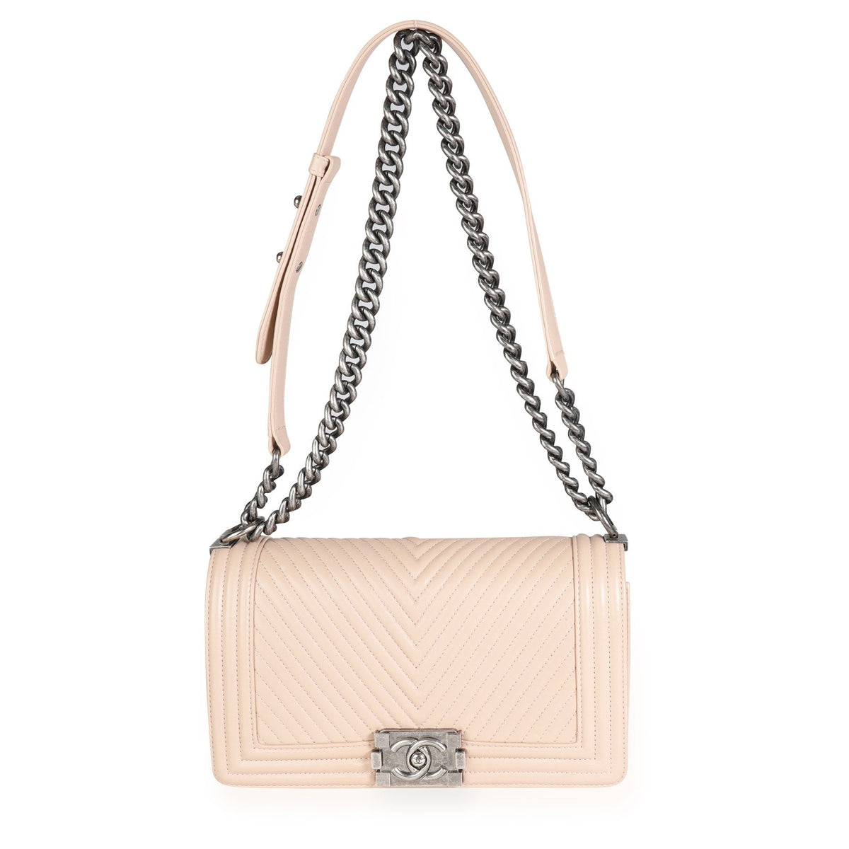 CHANEL Light Beige Chevron Quilted Lambskin Medium Boy Bag