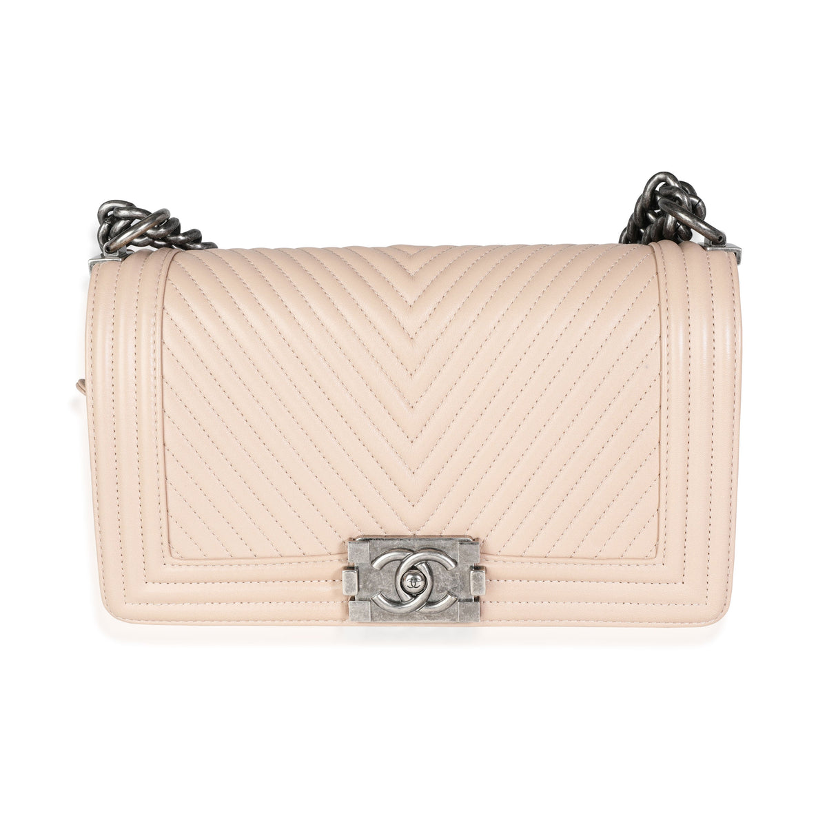 CHANEL Light Beige Chevron Quilted Lambskin Medium Boy Bag