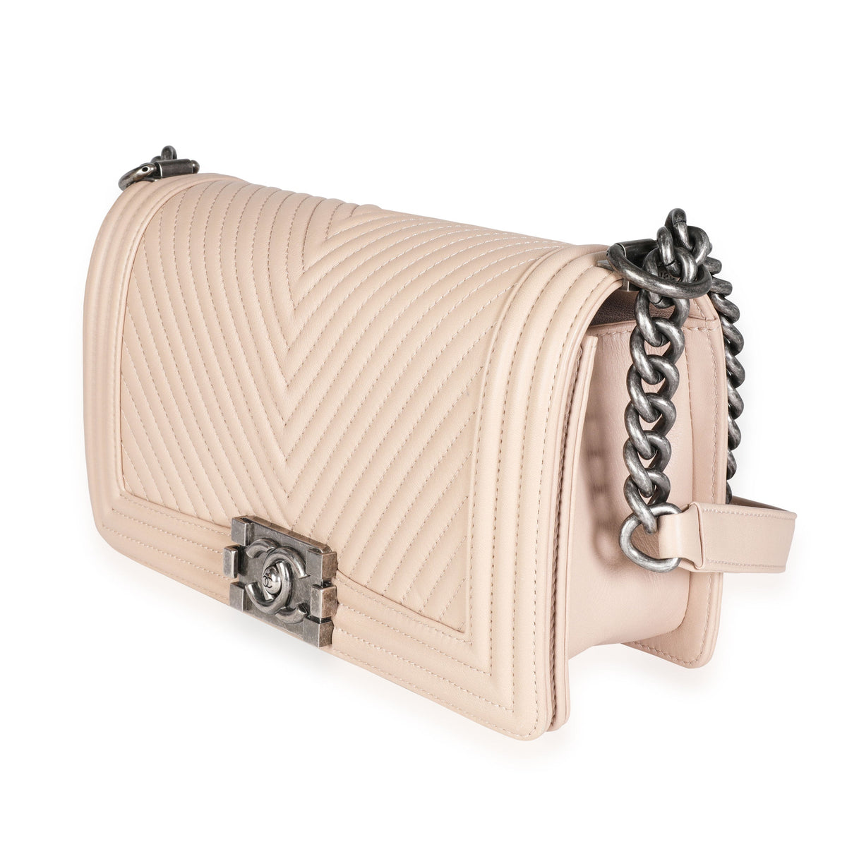 Top Quality Chanel Light Beige Chevron Quilted Lambskin Medium Boy Bag