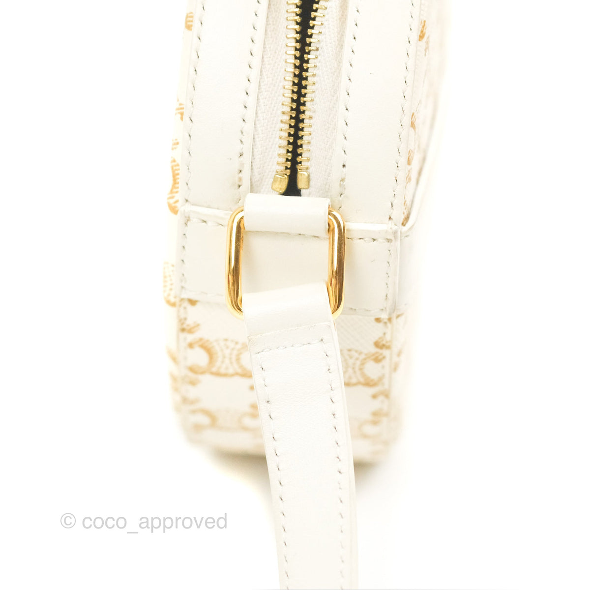 Celine Round Purse on Strap Triomphe Canvas White Calfskin