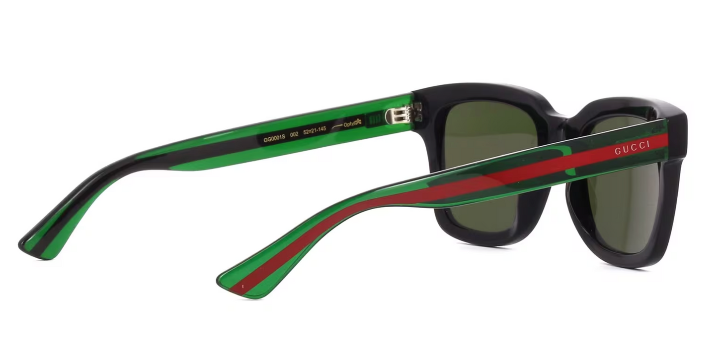 Gucci GG0001SN-002  Retro Black Square Sunglasses with Green & Red Temples