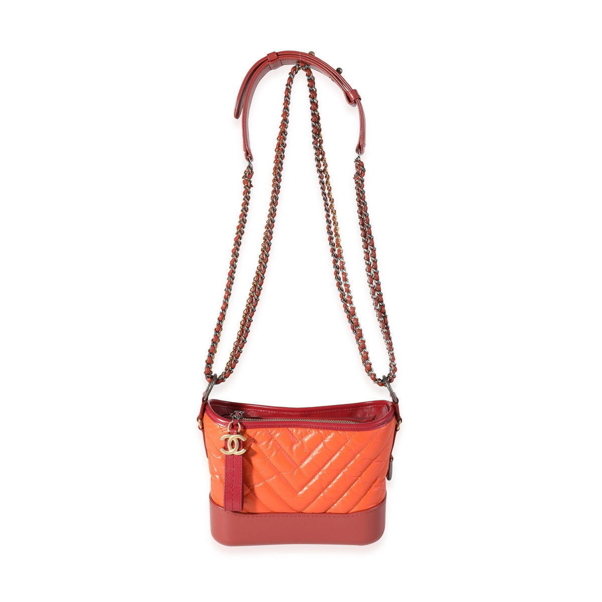 Top Quality Chanel Orange & Red Aged Calfskin Chevron Quilted Small Gabrielle Hobo