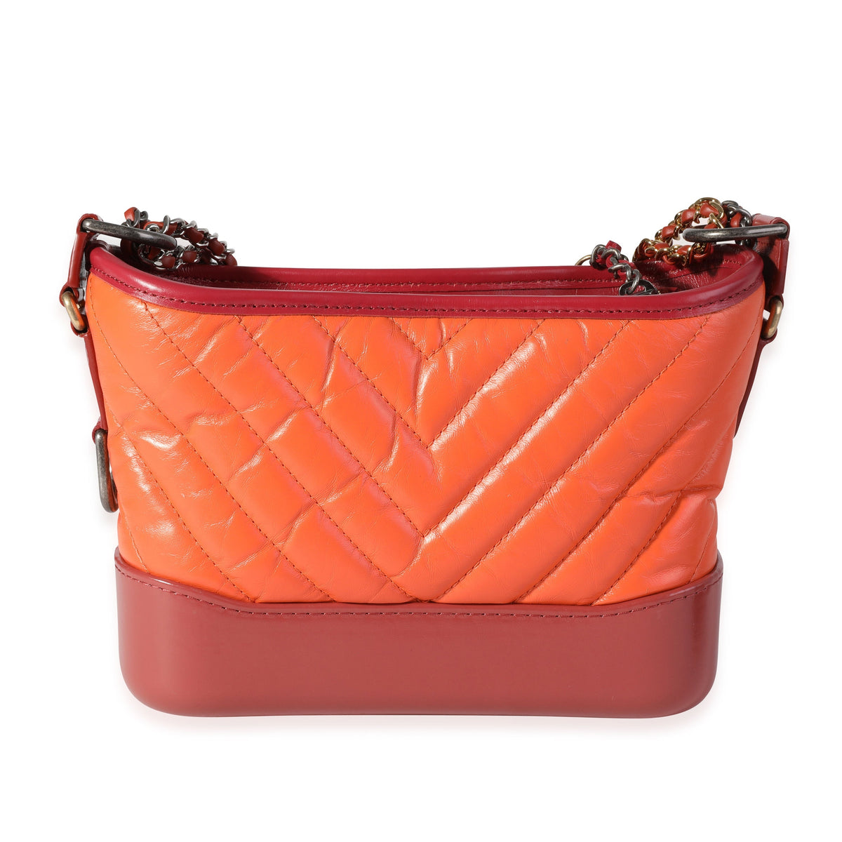 Top Quality Chanel Orange & Red Aged Calfskin Chevron Quilted Small Gabrielle Hobo