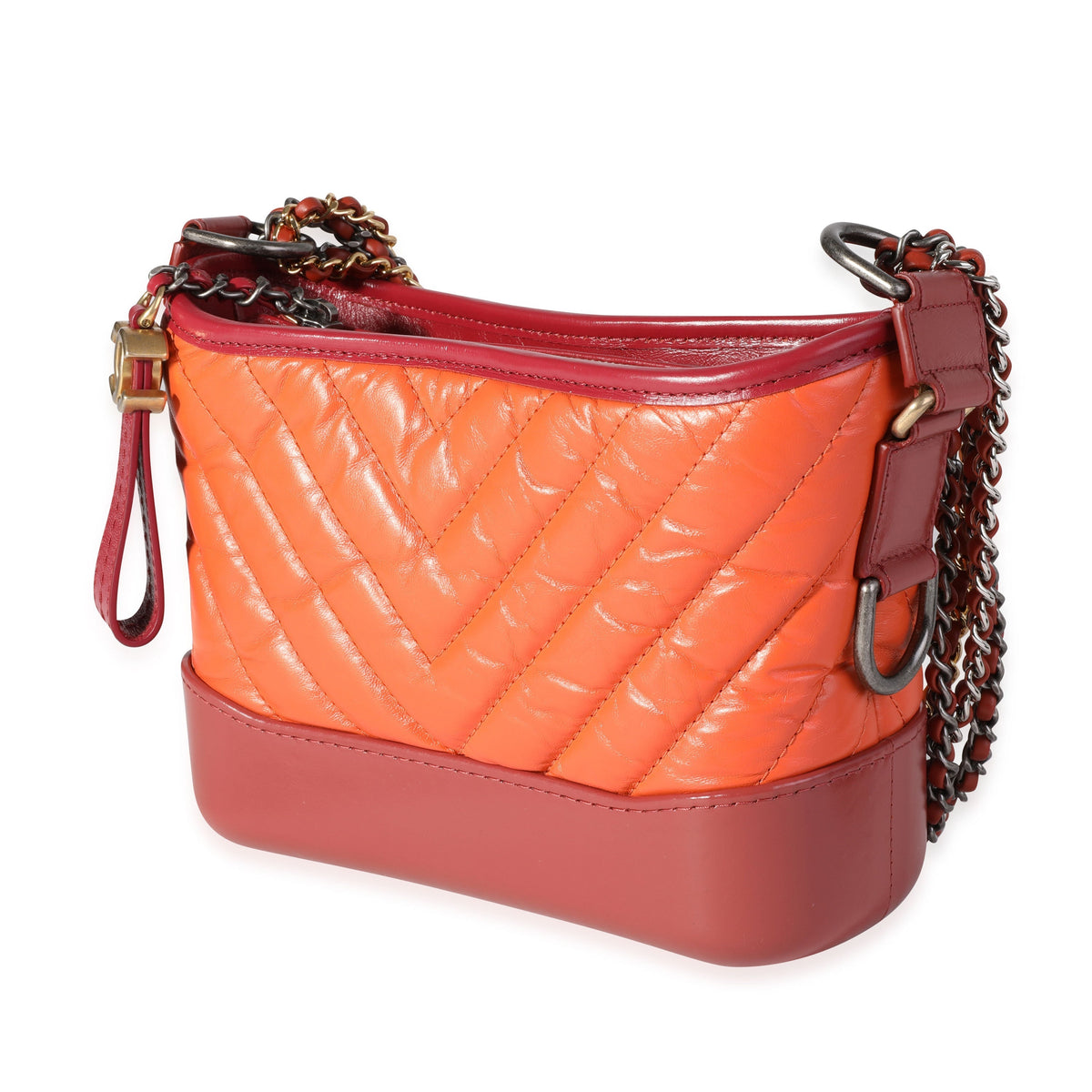 Top Quality Chanel Orange & Red Aged Calfskin Chevron Quilted Small Gabrielle Hobo