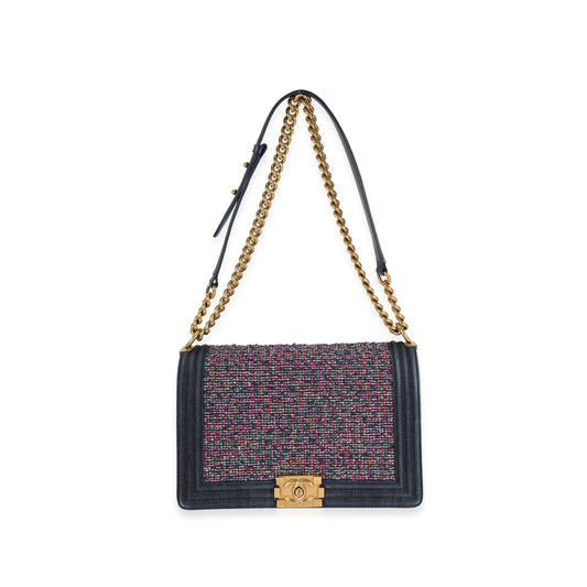 CHANEL Blue Denim & Multicolor Boucle New Medium Boy Bag
