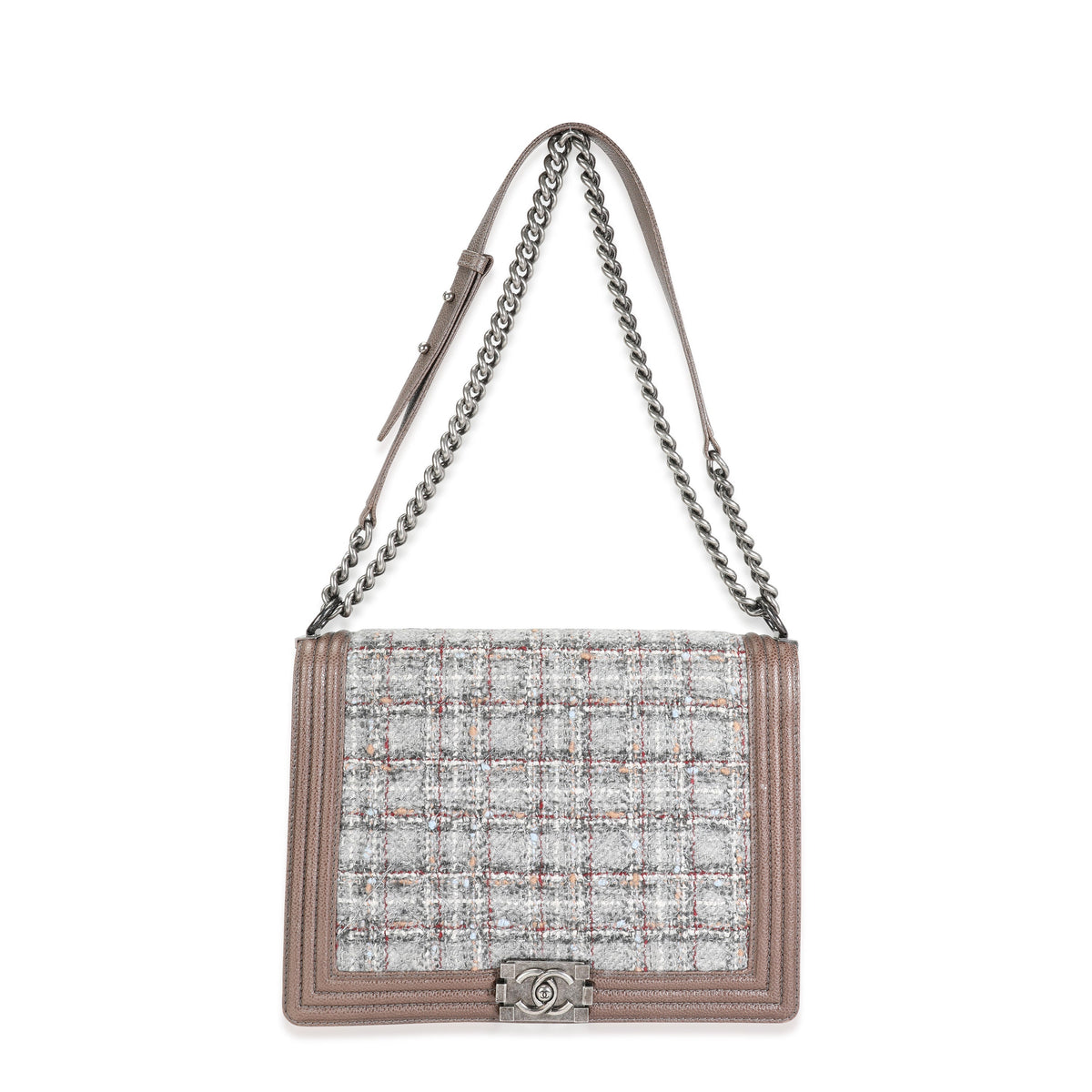 CHANEL Taupe Caviar and Multicolor Tweed Large Boy Bag