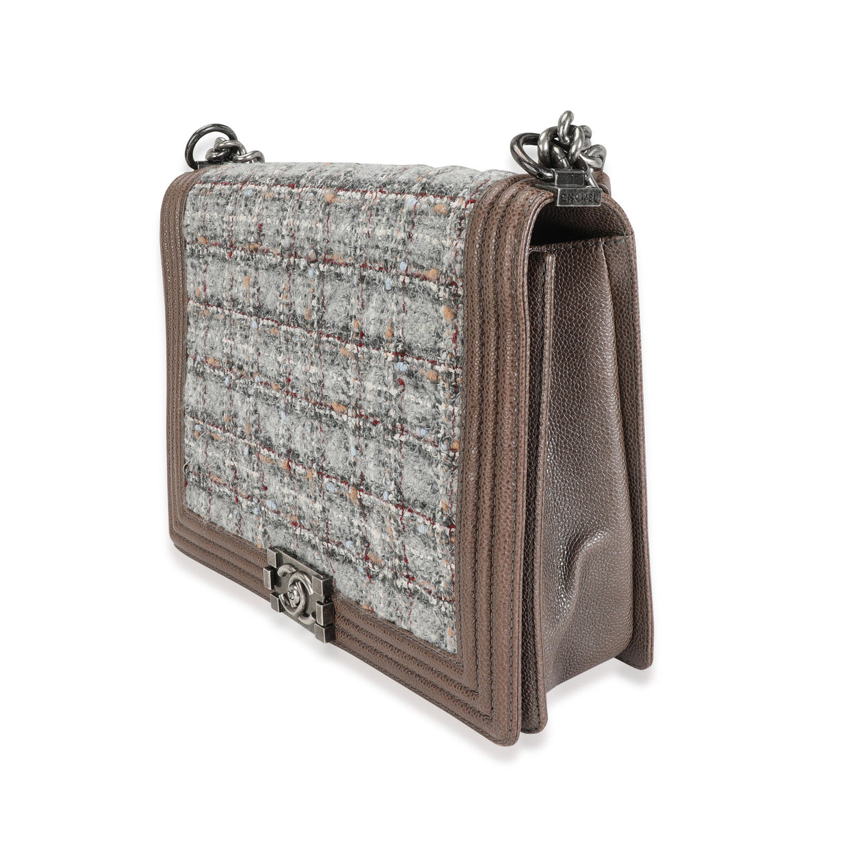CHANEL Taupe Caviar and Multicolor Tweed Large Boy Bag
