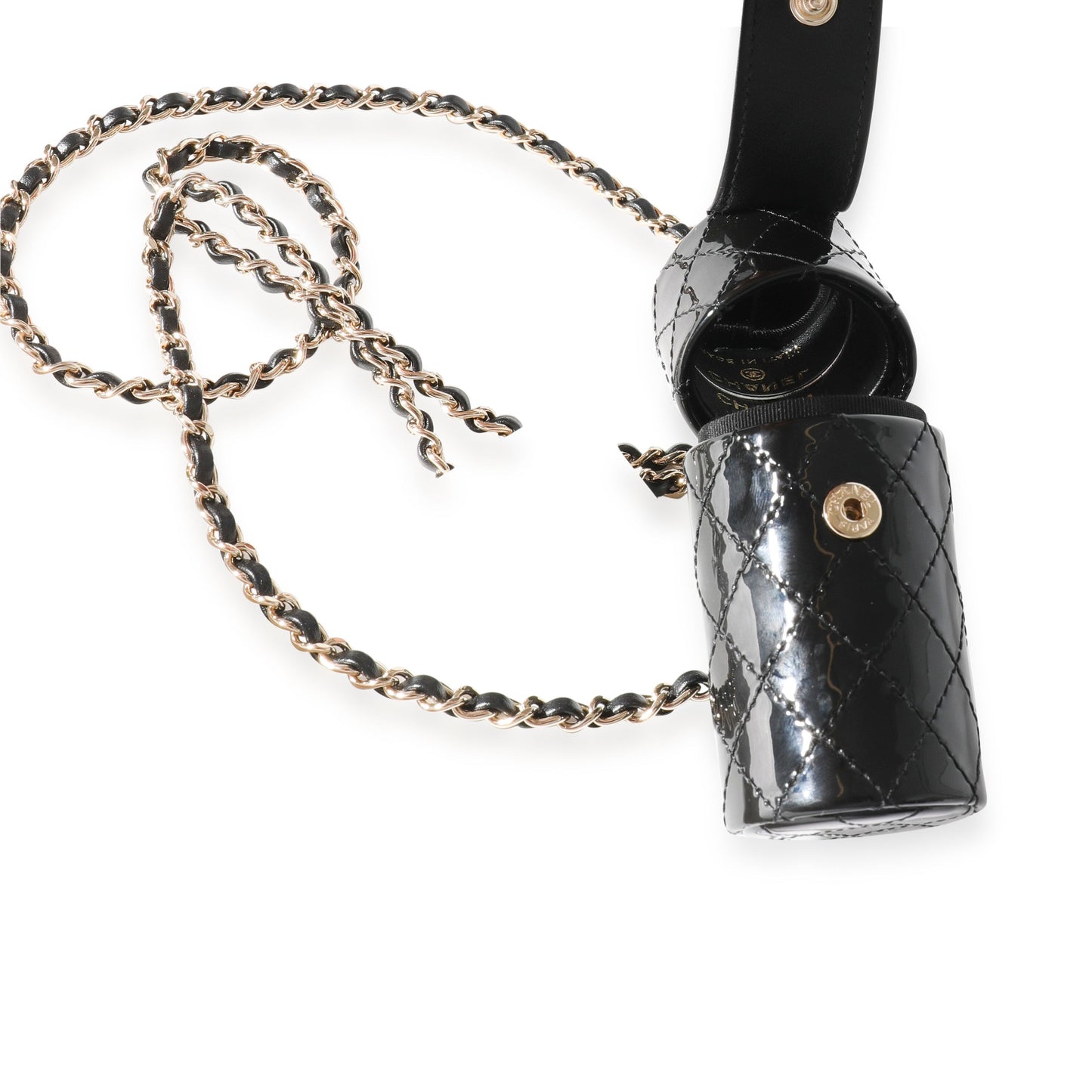 CHANEL Black Quilted Patent Leather Lipstick Case On Chain