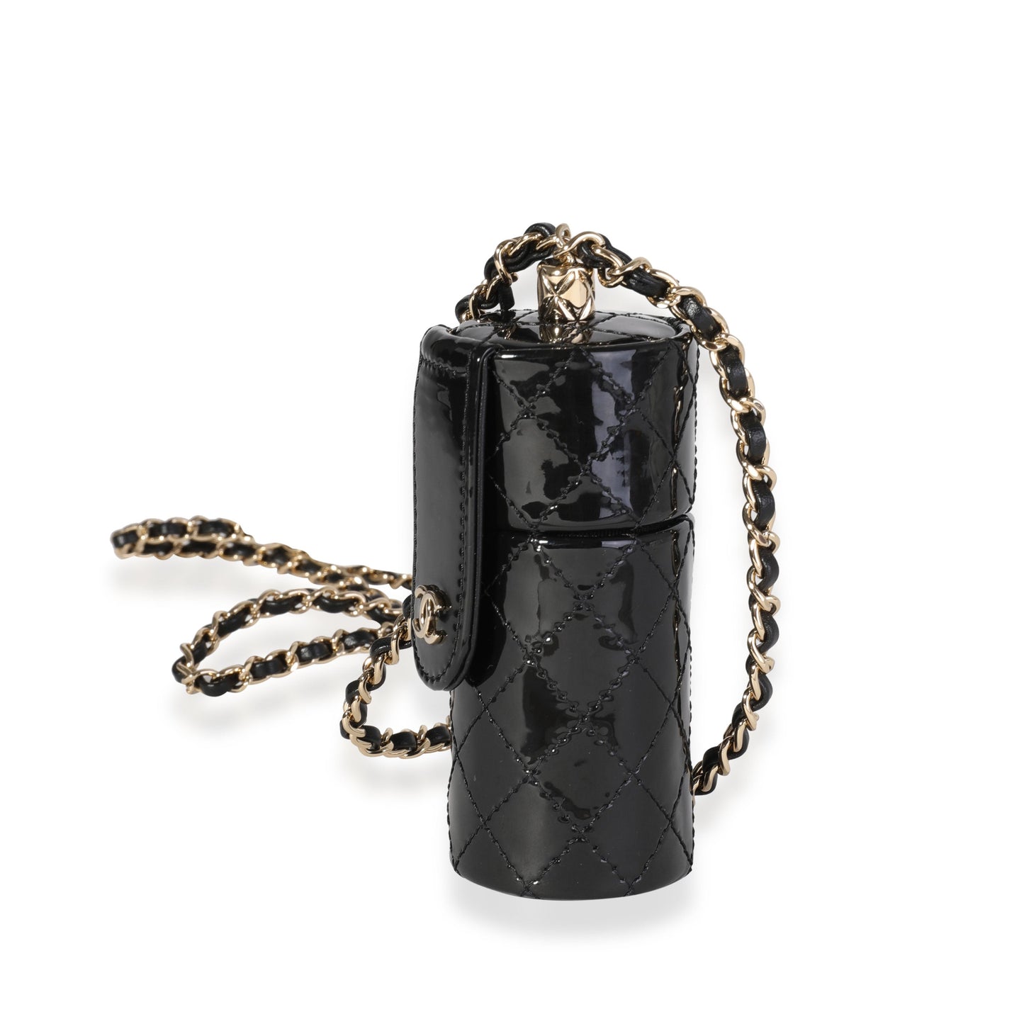 CHANEL Black Quilted Patent Leather Lipstick Case On Chain