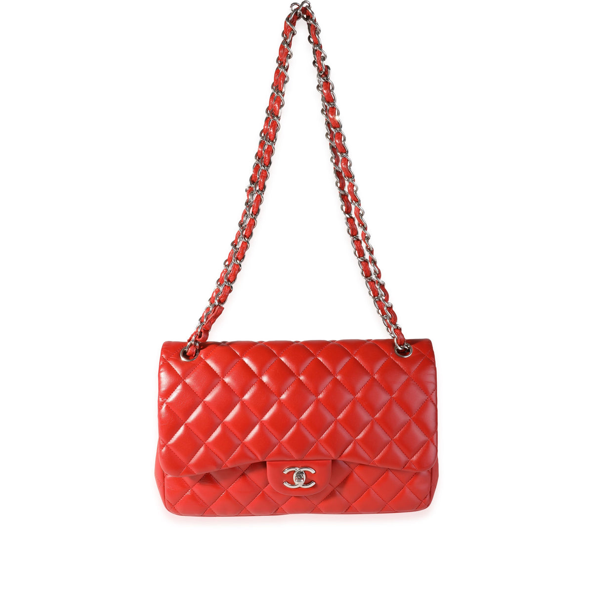 CHANEL Red Quilted Lambskin Classic Jumbo Double Flap Bag