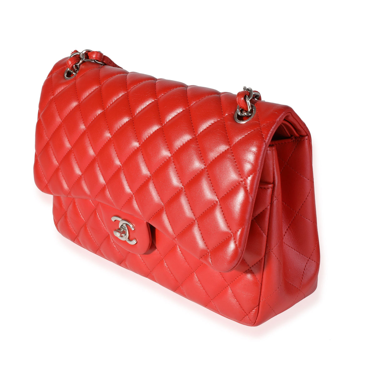 CHANEL Red Quilted Lambskin Classic Jumbo Double Flap Bag
