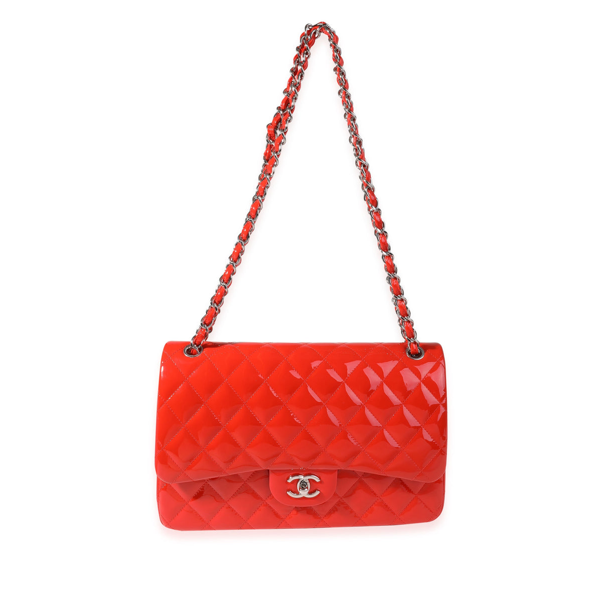 CHANEL Red Patent Classic Jumbo Double Flap Bag