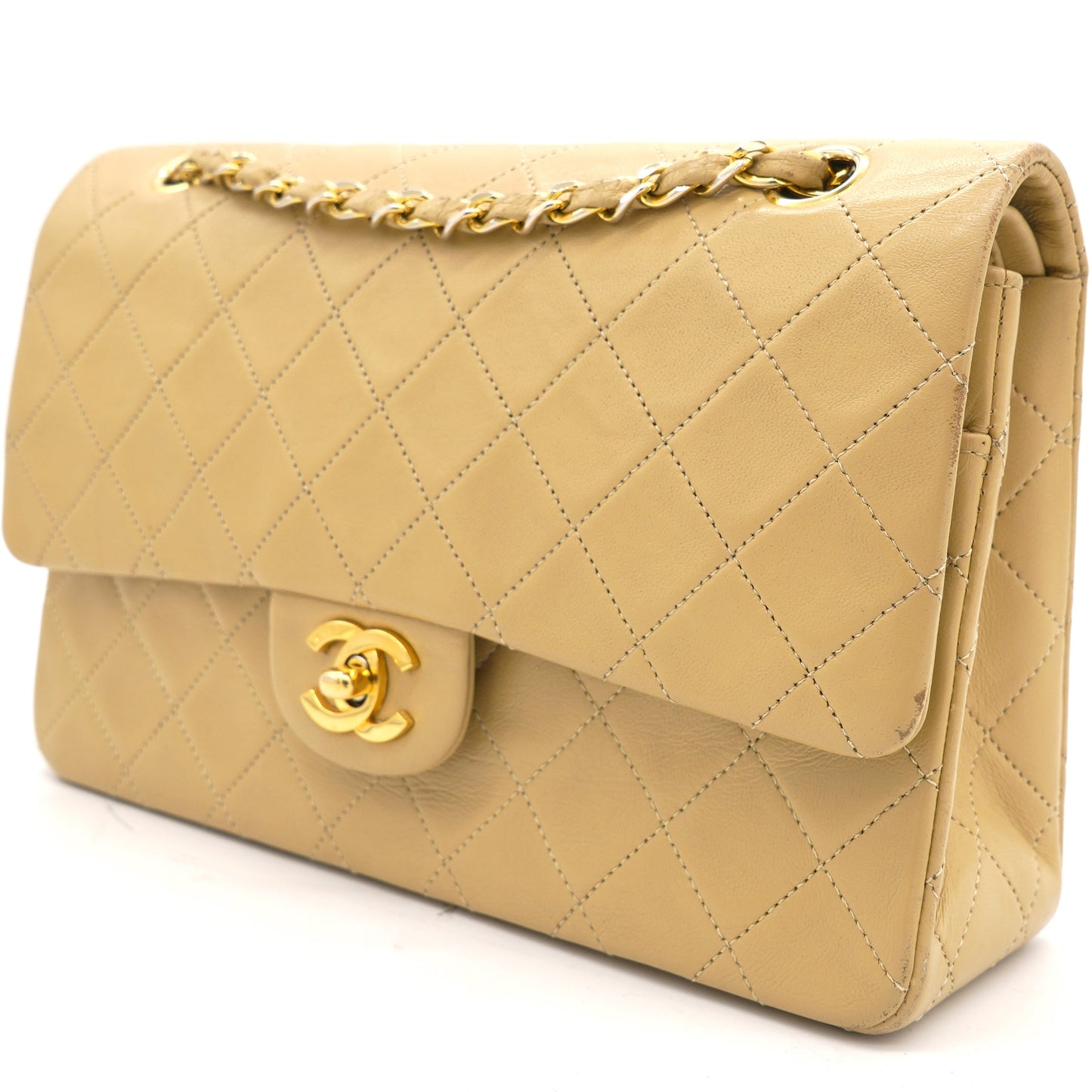 Chanel Beige Quilted Lambskin Leather Medium Classic Vintage Double Flap Shoulder Bag