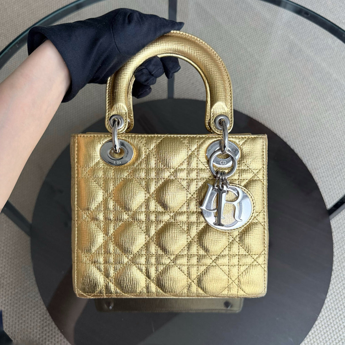 Dior Lady Small - Cannage Metallic Calfskin Gold Silver Hardware