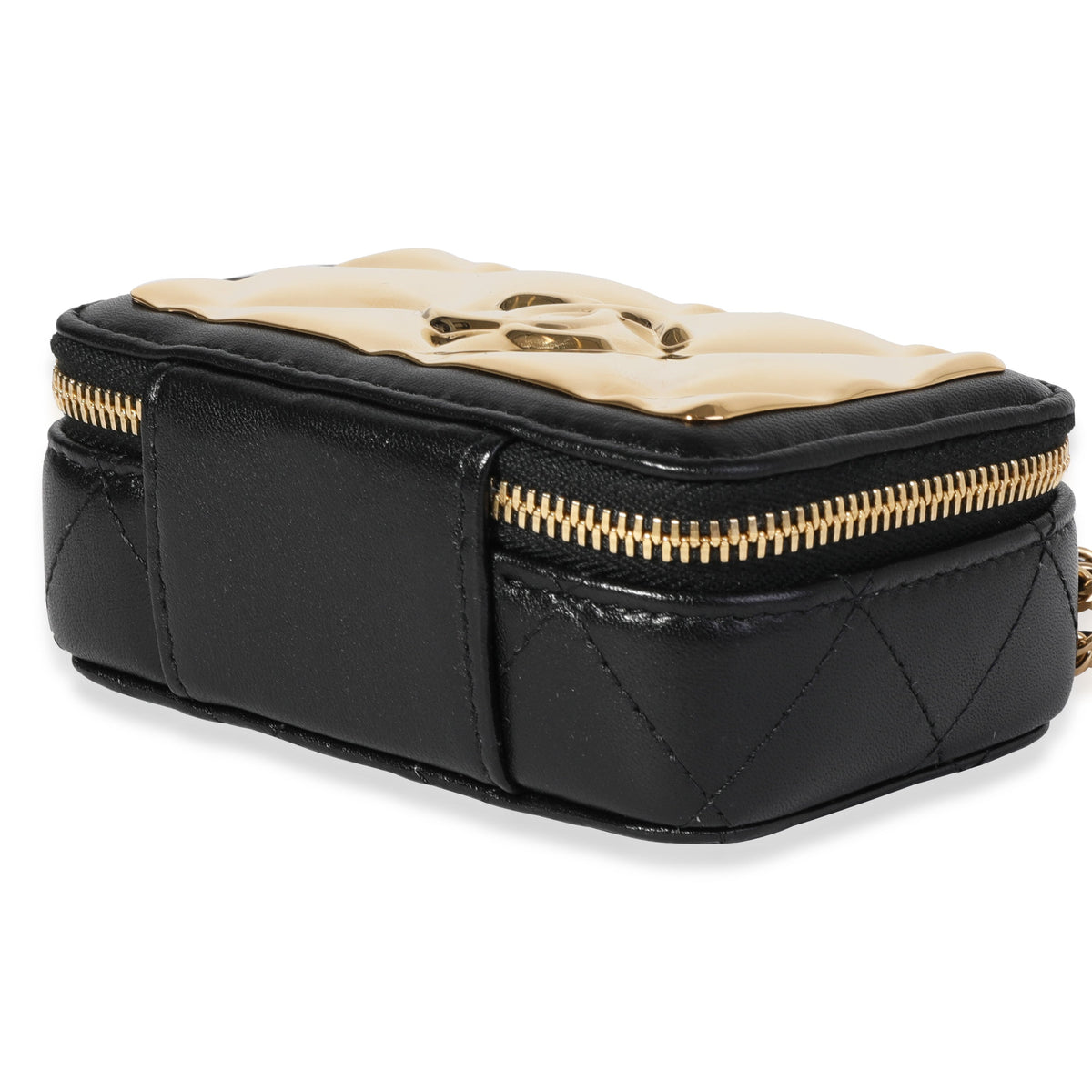 Top Quality Chanel Gold Quilted Metal & Black Lambskin Mini Vanity Bag
