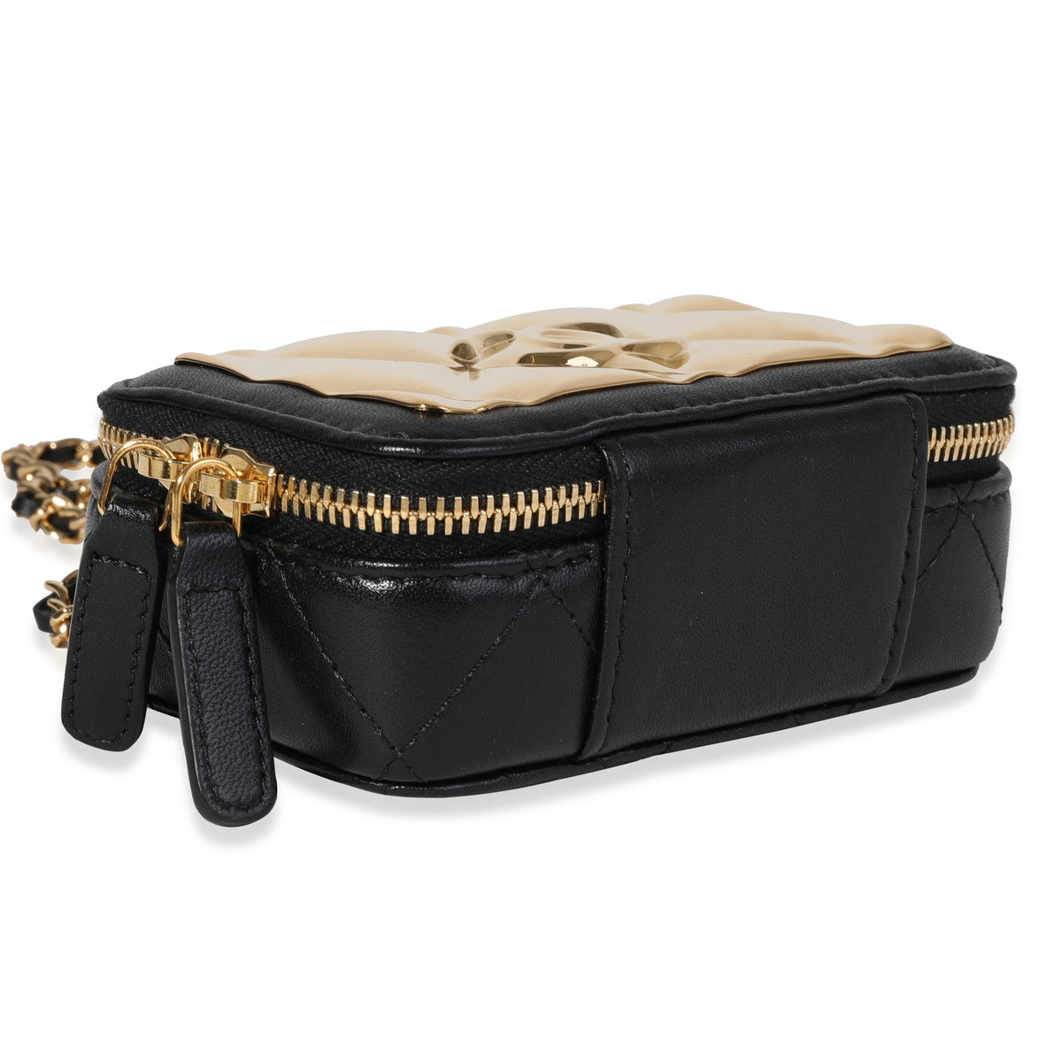 Top Quality Chanel Gold Quilted Metal & Black Lambskin Mini Vanity Bag