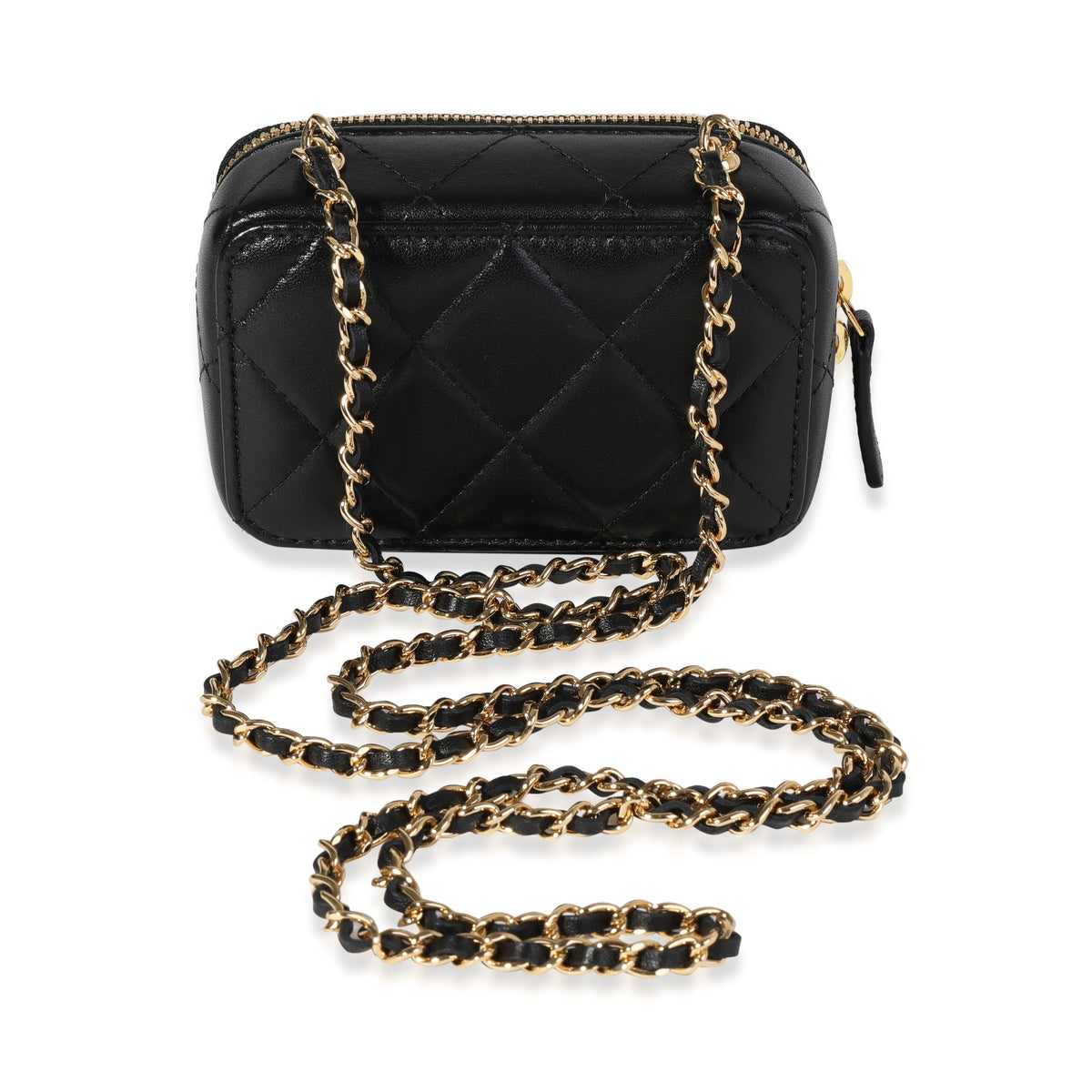 Top Quality Chanel Gold Quilted Metal & Black Lambskin Mini Vanity Bag