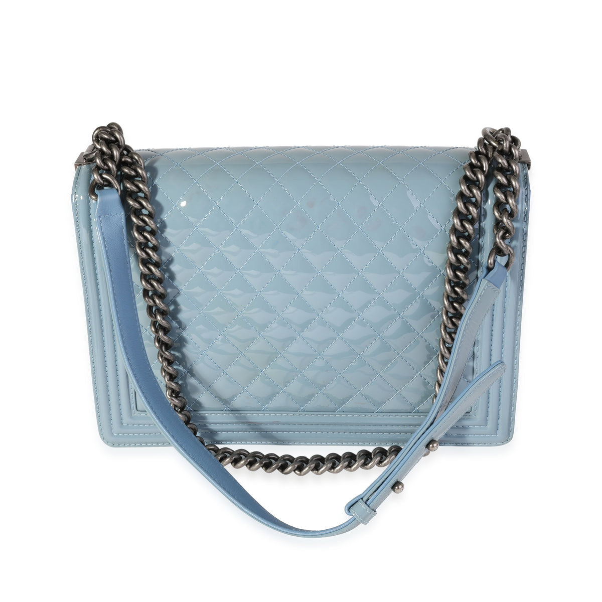 Top Quality Chanel Light Blue Quilted Patent Leather Large Boy Bag