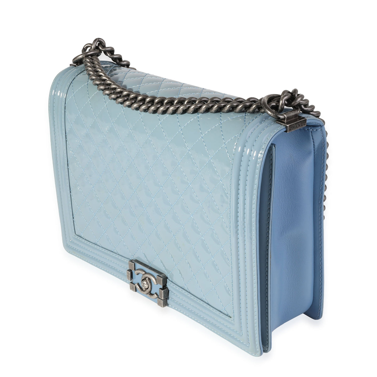 Top Quality Chanel Light Blue Quilted Patent Leather Large Boy Bag